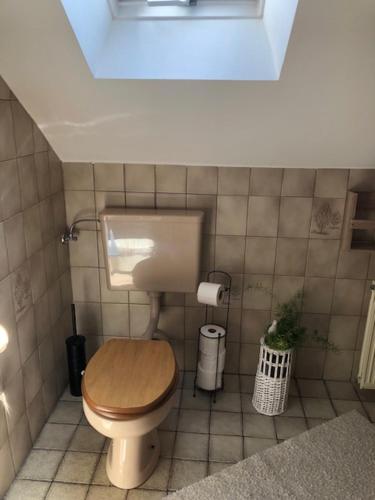 a bathroom with a toilet with a wooden seat at Ferienwohnung-Ameisenhardt in Schleiden