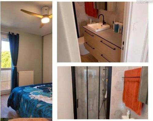 un collage de trois photos d'une chambre et d'une salle de bains dans l'établissement Appartement avec grande terrasse à la Grande Motte, à La Grande Motte