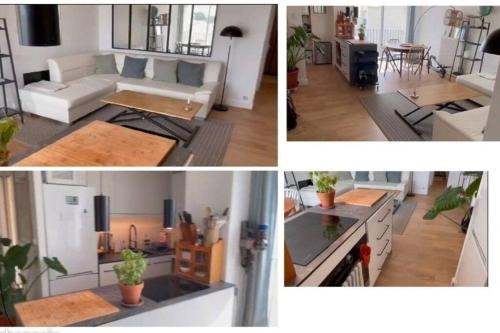 trois photos d'une cuisine et d'un salon dans l'établissement Appartement avec grande terrasse à la Grande Motte, à La Grande Motte