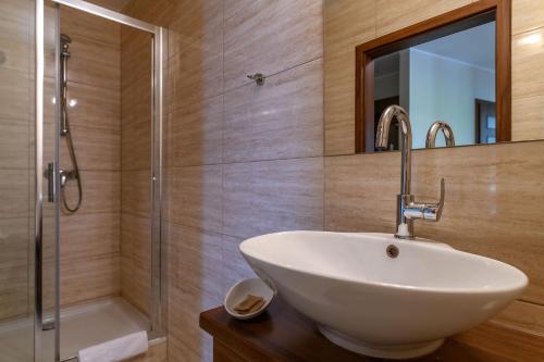 a bathroom with a sink and a shower at Apartament Helios in Jastrzębia Góra