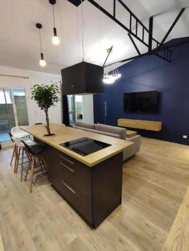 une cuisine et un salon avec une table et un canapé dans l'établissement Appartement Le Secret 140m2, Proche Sanctuaires, Climatisé, à Lourdes