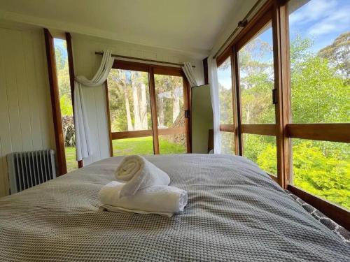 a bedroom with a bed with a towel on it at The 'Nook' - Cabin in the Tassie Wilderness! in Ridgeway