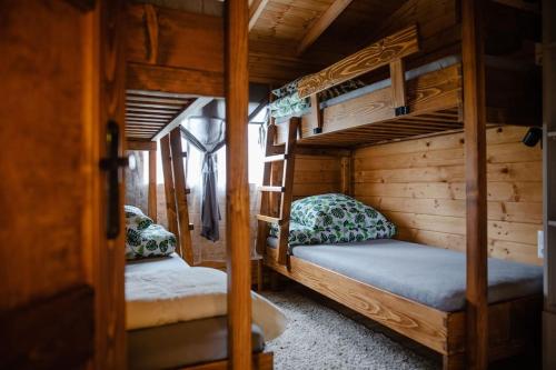 a bedroom with two bunk beds in a cabin at Domki na Górniej Łące - Domek Słowik in Łazany