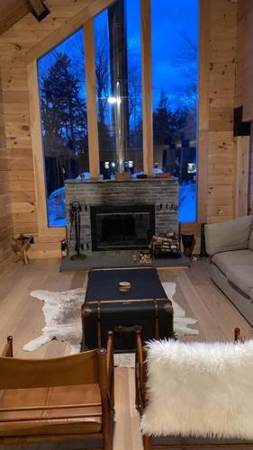 a living room with a fireplace in a house at WoodHunterHome in Platte Clove
