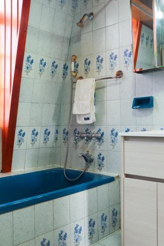 a bathroom with a shower with blue and white tiles at CORTEZ CASA in Ushuaia