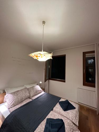 a bedroom with a large bed and a light fixture at Central apartment with balcony in Budapest