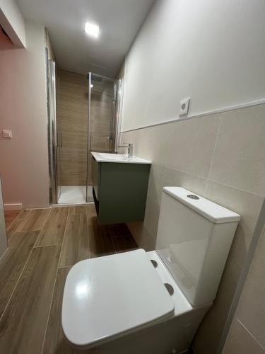 a bathroom with a toilet and a sink and a shower at Casal de pelaio in Barreiros