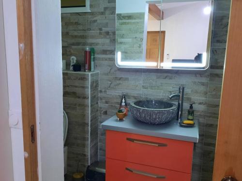uma casa de banho com um lavatório e um espelho em bungalow hibis.kiss971 em Baie-Mahault