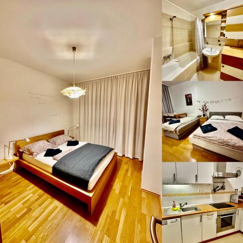 2 Bilder eines Schlafzimmers mit einem Bett und einem Badezimmer in der Unterkunft Central apartment with balcony in Budapest