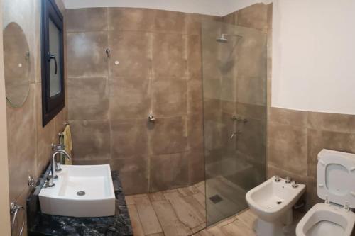 a bathroom with a toilet and a sink and a shower at Cabaña Panpachay Villa Giardino in Villa Giardino