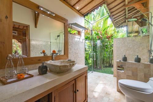 a bathroom with a sink and a toilet and a mirror at Bali Sawah Indah in Ubud