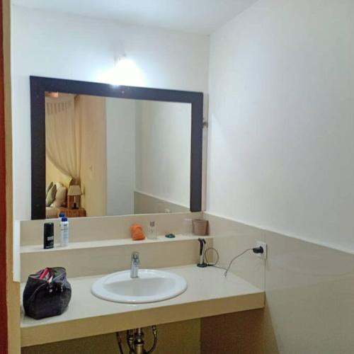 a bathroom with a sink and a large mirror at Mambul garden private villa in Ubud