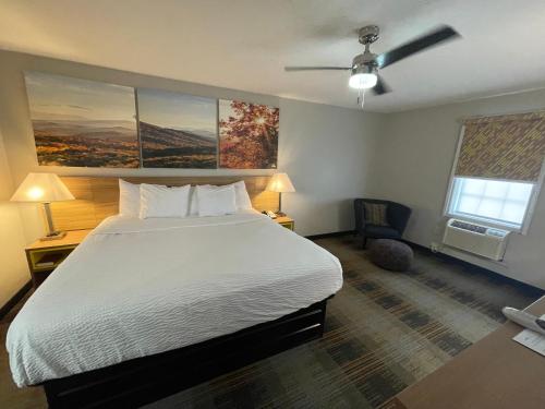 a bedroom with a bed and a ceiling fan at Days Inn by Wyndham Holladay in Holladay