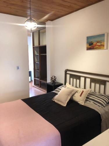 a bedroom with a large bed with two pillows at Chalet Gasset in Mar del Plata
