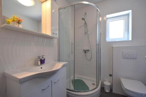 een badkamer met een douche, een wastafel en een toilet bij Apartment Bianca in Čižići