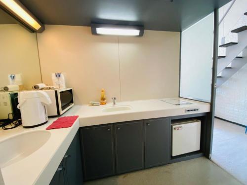 een badkamer met een wastafel en een magnetron bij ザ・ヴィレッジアルファ in Tomamu