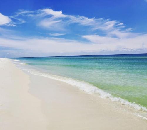 a beach with the ocean and a blue sky at Tortuga Tillys in Cape San Blas