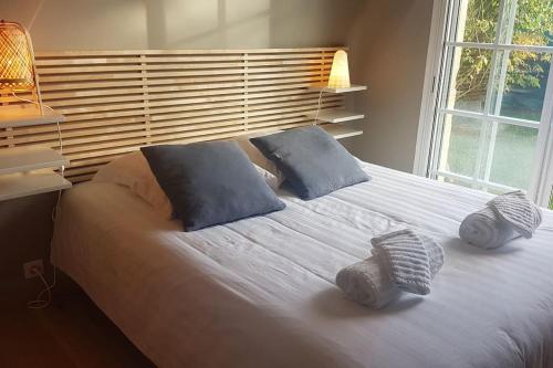 um quarto com uma cama grande e almofadas azuis em Cosy villa with pool near ocean em Labenne