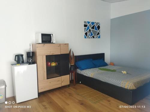 1 dormitorio con 1 cama, armario y TV en Bungalow bleu, en Étang-Salé