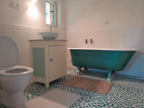 a bathroom with a green bath tub and a sink at Zelený pokoj in Chřibská