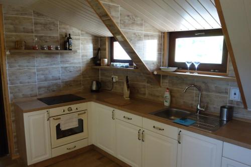 cocina con armarios blancos, fregadero y ventana en Pod Lípou, en Dolní Brusnice