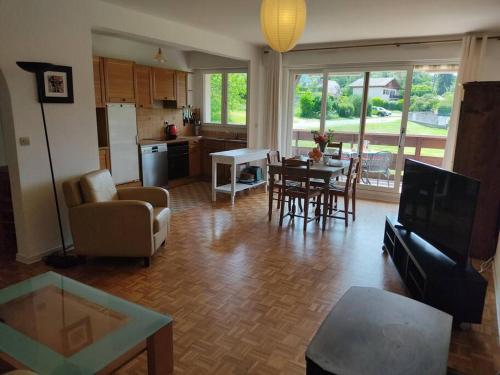 un salon avec une cuisine et une salle à manger dans l'établissement Bel appartement au calme à 5 minutes du village, à Menthon-Saint-Bernard