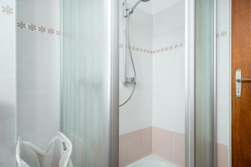 W łazience znajduje się prysznic ze szklanymi drzwiami. w obiekcie Dea B4+1 w Poreču