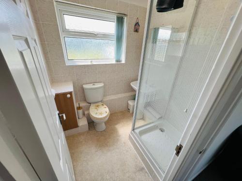 a small bathroom with a toilet and a shower at 2 Bedroom Chalet SB113, Sandown Bay, Isle of Wight in Brading