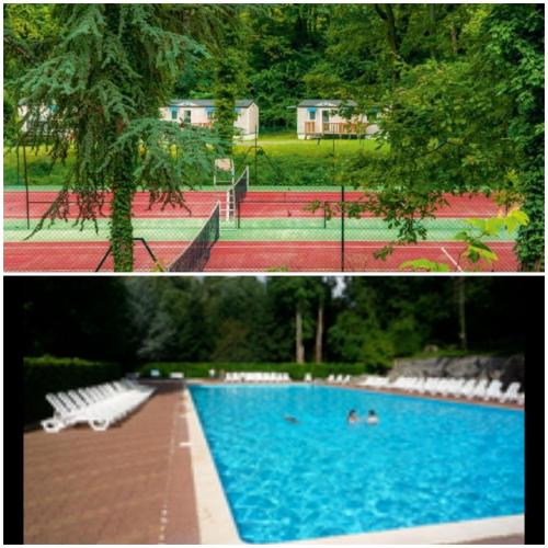 - deux photos d'une piscine dans un parc dans l'établissement Mobil-home ( dépaysement total à 40 km de paris ), à Saint-Chéron