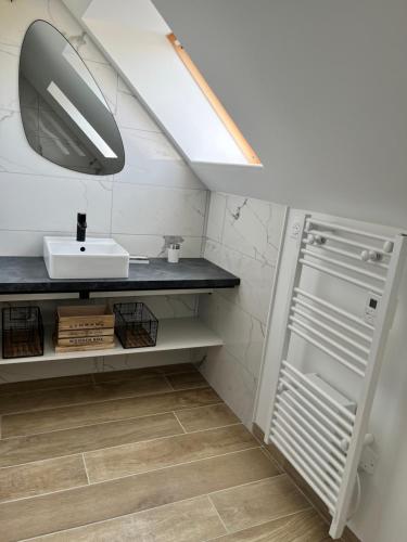 une salle de bain avec un lavabo et un miroir dans l'établissement Gîte Louise entre Erquy et Fréhel 2 chambres, à Plurien
