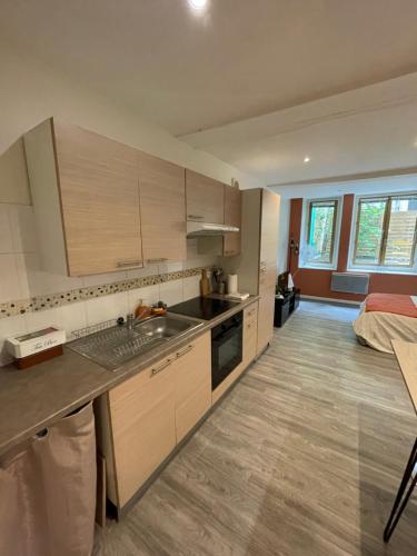 - une cuisine avec des placards en bois et un lit dans une chambre dans l'établissement L’Ecrin de Lolo, à Albi