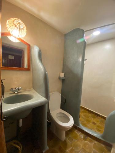 a bathroom with a sink and a toilet and a mirror at Maison D'hôte La Vallée Des Figues in Tamellalt