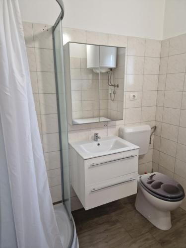 uma casa de banho com um WC, um lavatório e um chuveiro em GuestHouse Flora em Koper