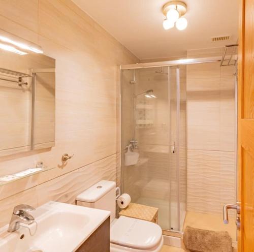 La salle de bains est pourvue d'une douche, de toilettes et d'un lavabo. dans l'établissement Holiday Home with Private Pool by Dream Homes Tenerife, à Puerto de Santiago