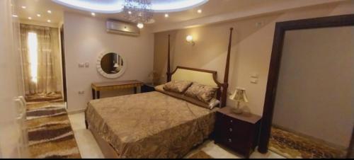 a bedroom with a large bed and a mirror at شقة فيو نيلي in Cairo