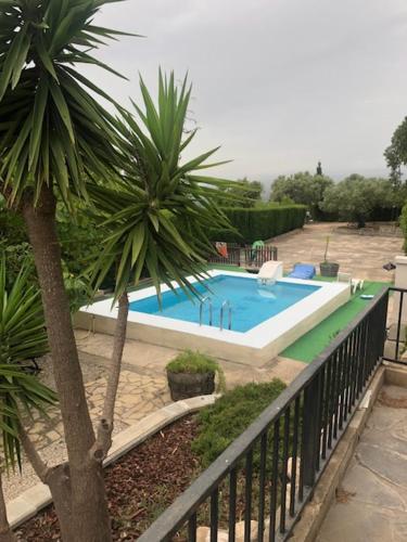 a swimming pool with palm trees and a fence at Chalet en plena naturaleza in Tortosa