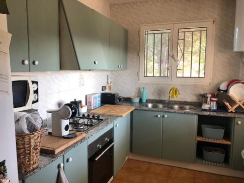 a kitchen with green cabinets and a counter top at Chalet en plena naturaleza in Tortosa