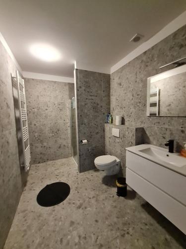 a bathroom with a toilet and a sink at Apartmenthaus am Park in Wilhelmshaven