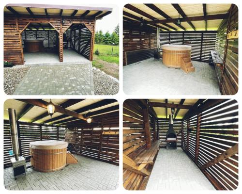 four different views of a wooden building with a barrel at Cabana Niki-Rum Haz in Bucsin