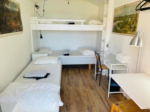 a small room with two beds and a desk at Trehörna Wärdhus & Vandrarhem in Trehörna