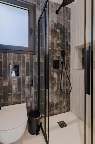 a bathroom with a shower and a toilet at Villa Scorpio in Paleros