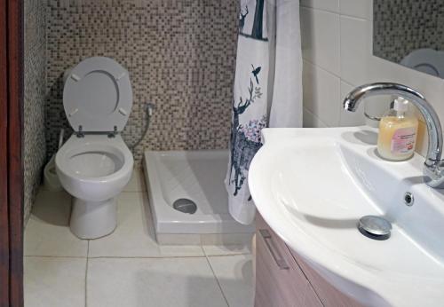 a white bathroom with a toilet and a sink at VENI Olive House in Kalamata