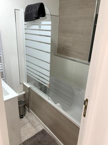 une douche avec une porte vitrée dans une salle de bain dans l'établissement Gîte Cadet Roussel - Orgelet, à Orgelet