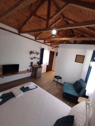a large room with a bed and a chair at Orange Garden Double Rooms in Kala Nera