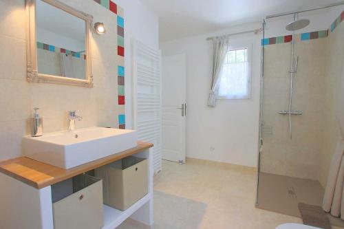 a bathroom with a sink and a shower at LA VILLA DU PETIT BOIS Les Lavandes in Faucon