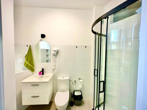 a bathroom with a toilet and a sink and a shower at Atlas' House in Poznań