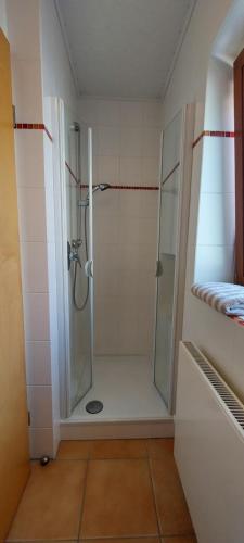 a bathroom with a shower with a glass door at Gästezimmer Weinberg in Steinau an der Straße