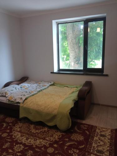Schlafzimmer mit einem Bett und einem Fenster in der Unterkunft Guest House Prohladnoe in Vorontsovskoye