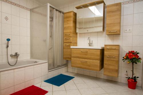 a bathroom with a shower and a sink and a tub at Ferienwohnung Rössle in Salem