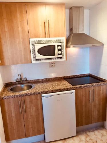 a kitchen with a sink and a microwave at Apartamentos Apal Chinasol in Almuñécar